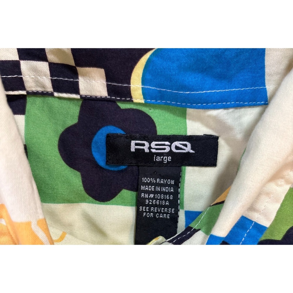 RSQ Button Up Shirt Mens Large Multicolor Geometric Patchwork Rayon Short Sleeve - Picture 7 of 7